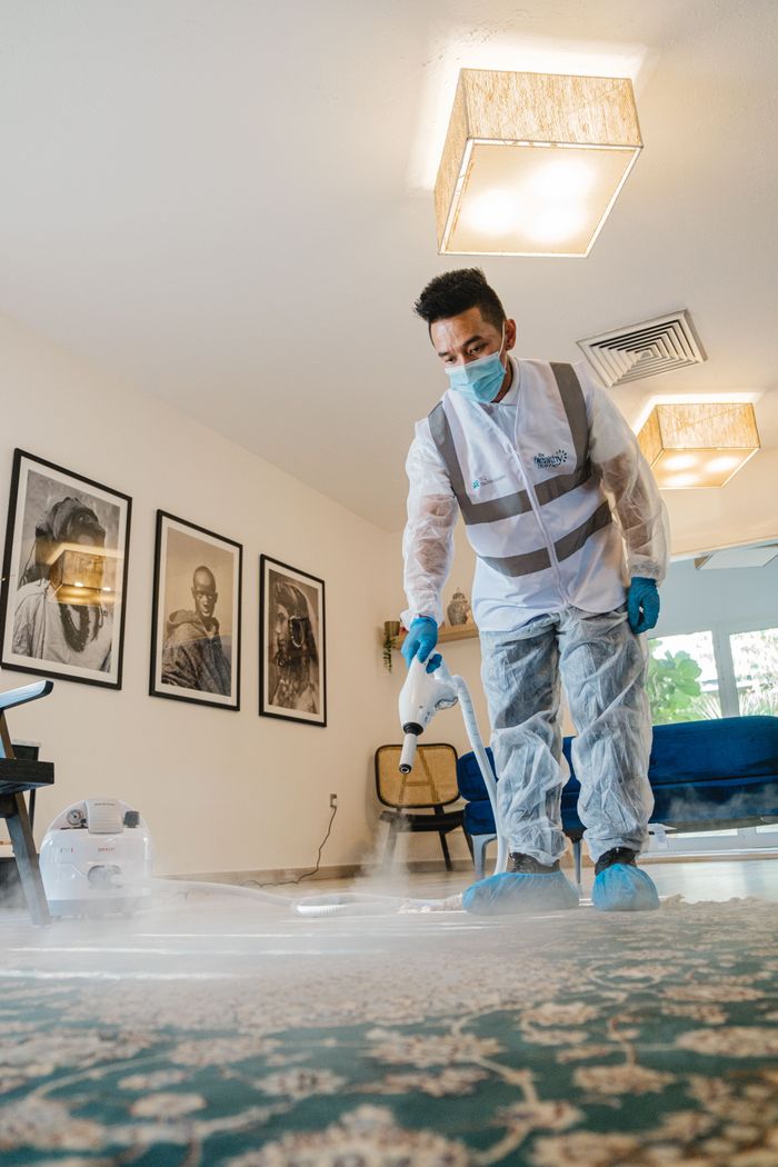 journey A professional in protective gear steam cleans carpet indoors, maintaining hygiene.